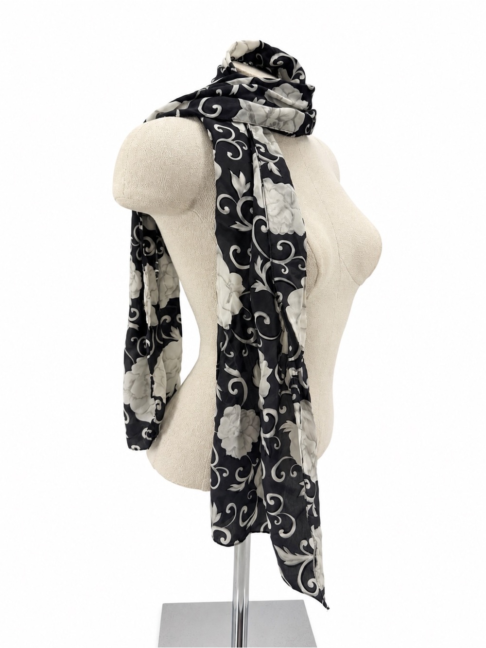 Unbranded Black Floral Scroll Print Sheer Long Scarf Romantic Y2K Accessory
